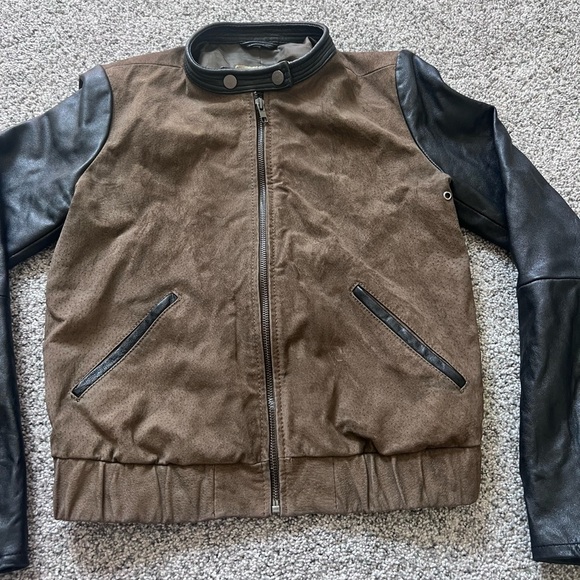 MANGO LEATHER BROWN Suede BLACK Colorblock WOMEN'S JACKET Zip up Bomber SIZE XS - Picture 1 of 15